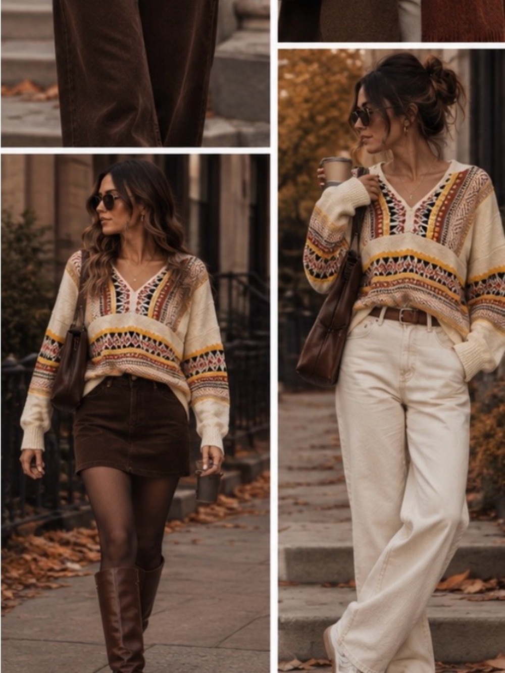 easel V-Neck Fair Isle Sweater in Cream, Brown, Yellow
